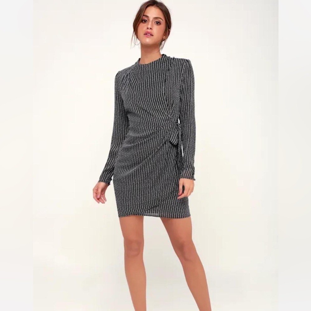 ASTR the Label Jolene Black Striped Long Sleeve Wrap Dress, Size M